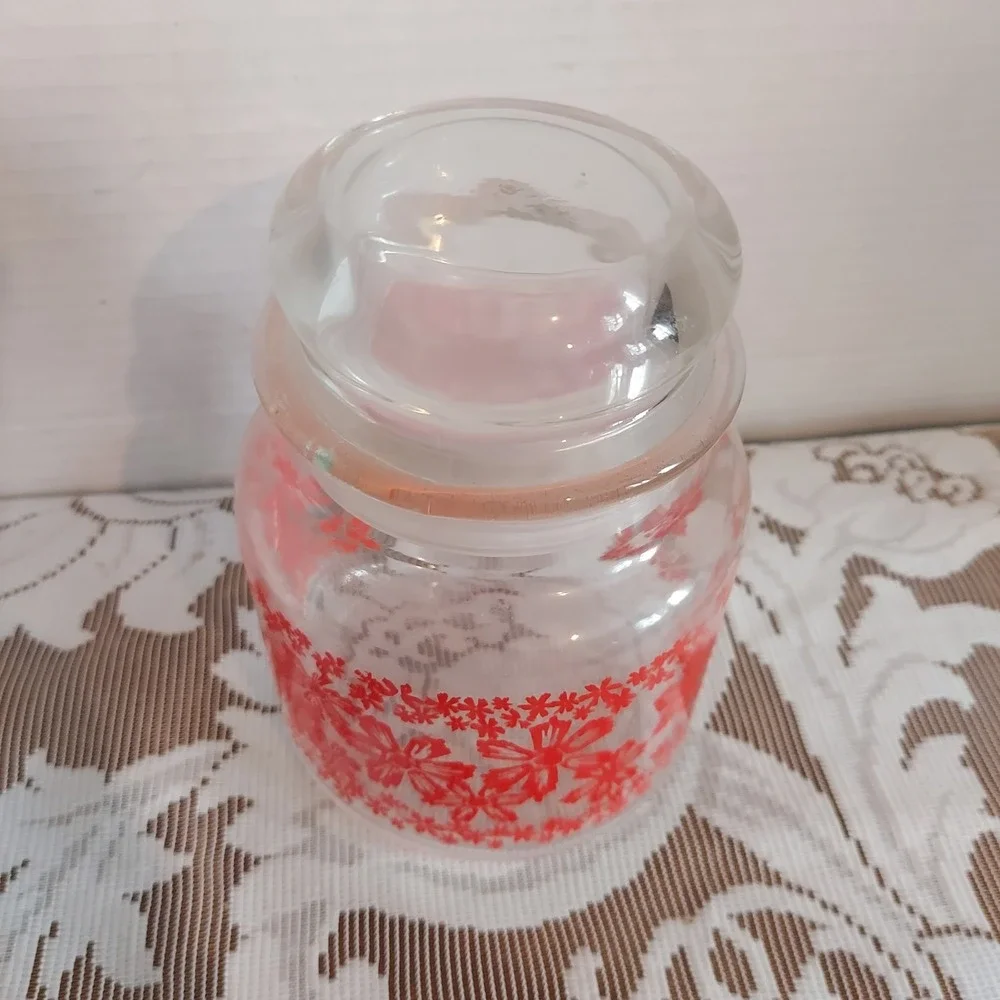 Vintage Red Daisy Floral Clear Glass Apothecary Jar Storage Canister with Lid